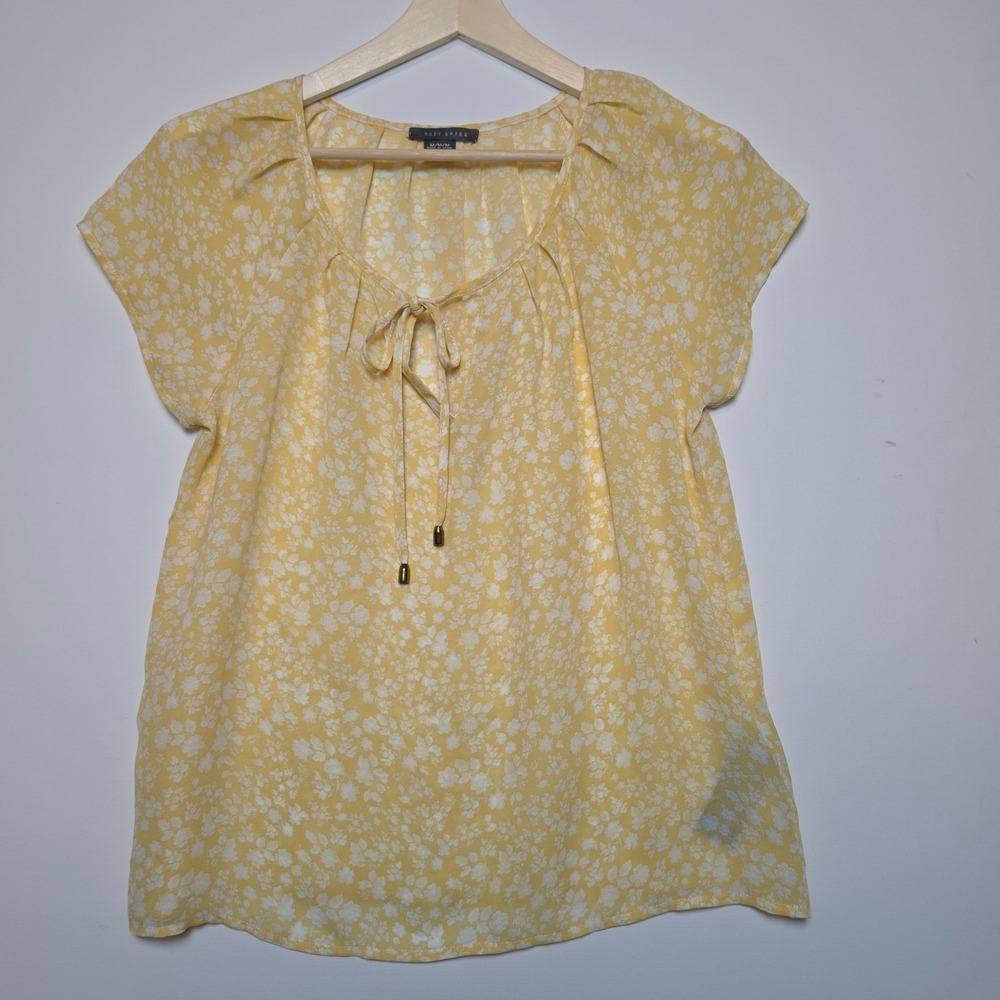 Suzy Shier Floral Print Chiffon Tie Neck Blouse Yellow White Size Medium